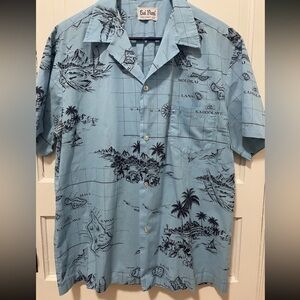 Kai Nani Hawaiian Map Print Blue Button Down Shirt Size XL